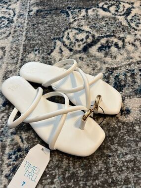 Time and Tru White Strappy Toe-Ring Sandals with Gold Accent